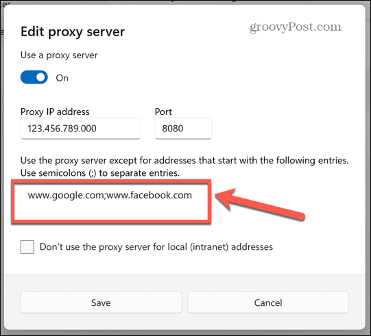 excepții de proxy Windows
