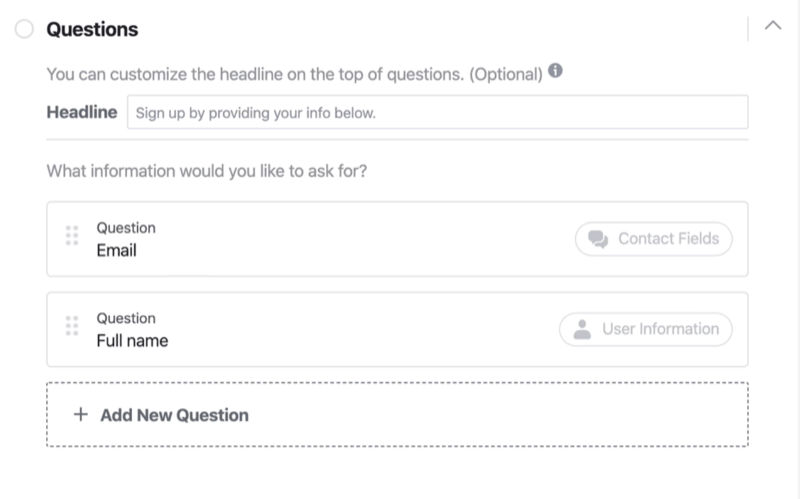 Secțiunea de întrebări din procesul de configurare a formularului de plumb Facebook