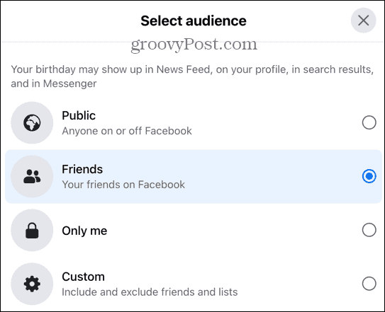opțiuni de audiență pe Facebook