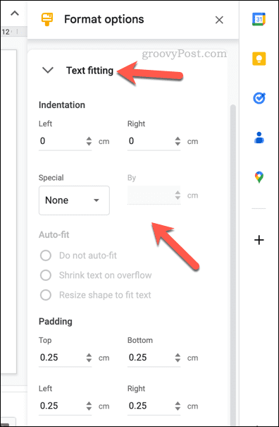 Modificarea opțiunilor de potrivire a textului pentru un tabel Google Slides