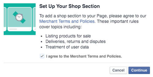 sunteți de acord cu termenii și politicile comercianților din magazinul Facebook și continuați