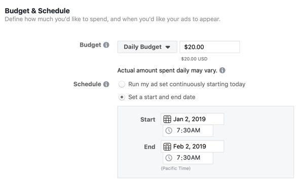 Opțiuni de buget și programare pentru o campanie de anunțuri cu plumb Facebook.