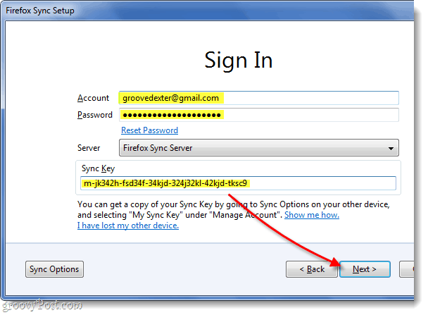 conectați-vă la sincronizarea firefox folosind parola dvs. de e-mail, parola și cheia de sincronizare
