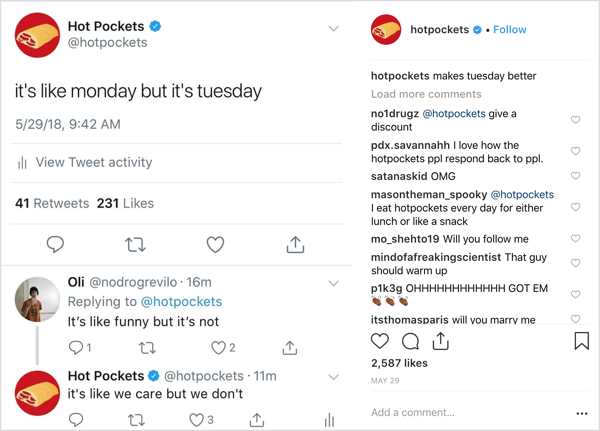 Postare Instagram Hot Pockets cu umor de marcă extraordinară.