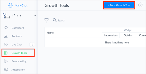 În ManyChat, selectați Instrumente de creștere din stânga și faceți clic pe butonul + Instrument de creștere nou din dreapta sus.