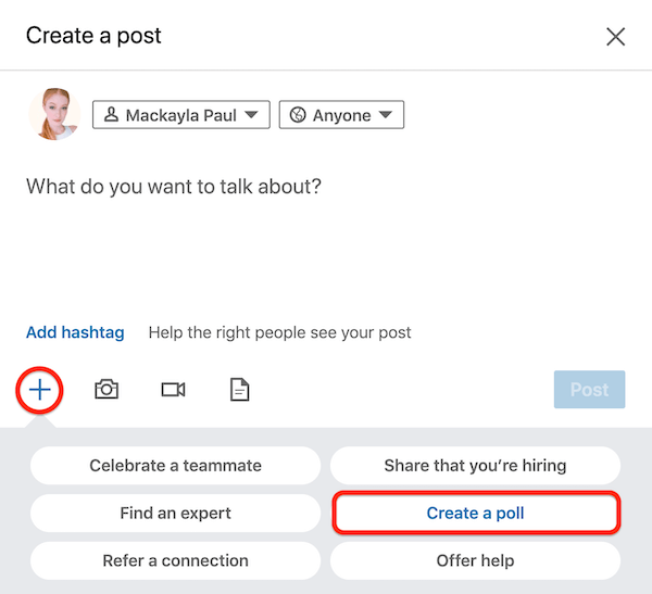 Caseta de dialog LinkedIn Create a Post cu opțiunea Create a Poll