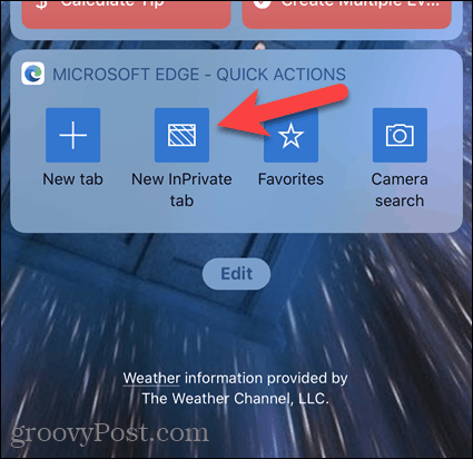 Atingeți Filă nouă InPrivată pe widgetul Edge de pe iOS