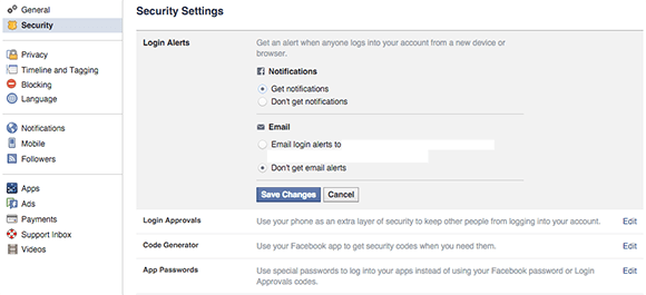 setări de notificare de securitate pe desktopul facebook