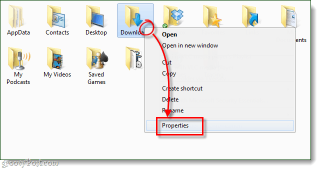 proprietățile folderului Windows pentru descărcări
