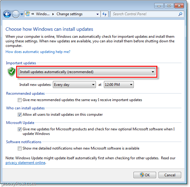 Windows 7 - Ecran de meniu de configurare a Windows Update