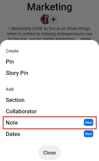 captură de ecran mobil pentru tabloul pinterest cu opțiunile din meniul de creare / adăugare care afișează opțiunea de notă evidențiată