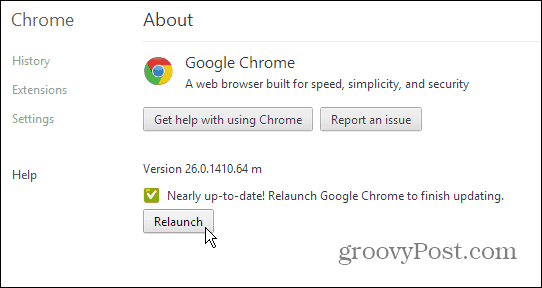 Pagina despre Google Chrome - Actualizare și relansare