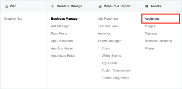 Deschideți Business Manager și selectați Segmente de public în coloana Active.