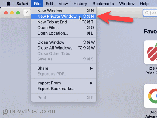 Selectați Fereastră privată nouă în Safari pe Mac