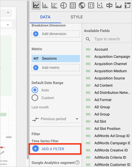 În panoul proprietăți componente, faceți clic pe opțiunea Adăugați un filtru din fila Date.