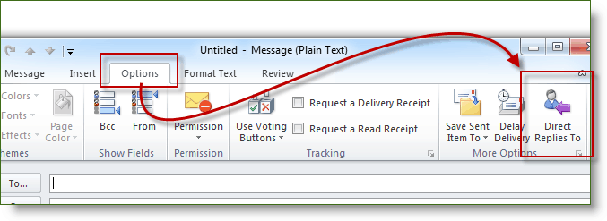 Faceți clic pe Opțiuni și faceți clic pe Răspunsuri directe în Outlook 2010