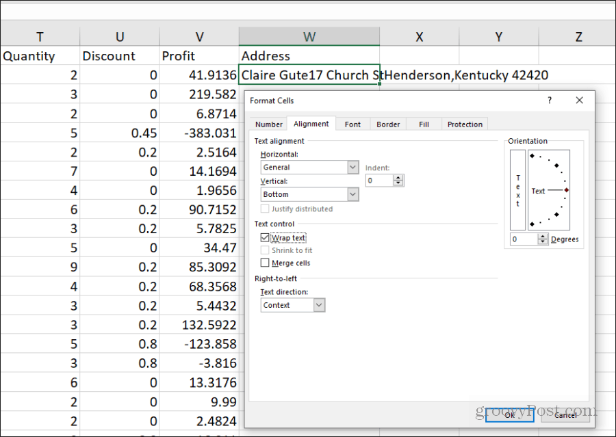 setarea textului înveliș în Excel