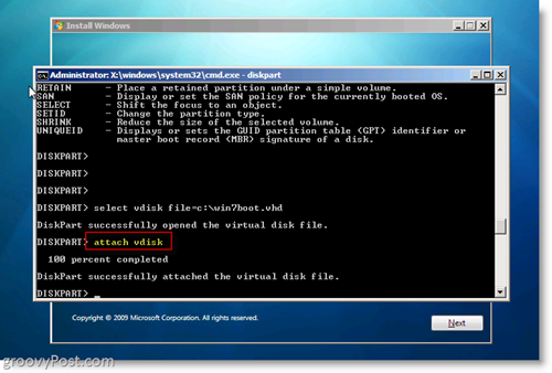 Windows 7 Native VHD Instalați bootare dublă Atașați VHD din promptul CMD