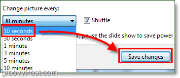 setați viteza de rotație a fundalului Windows 7 la 10 secunde și salvați-o, schimbați-o înapoi când ați terminat