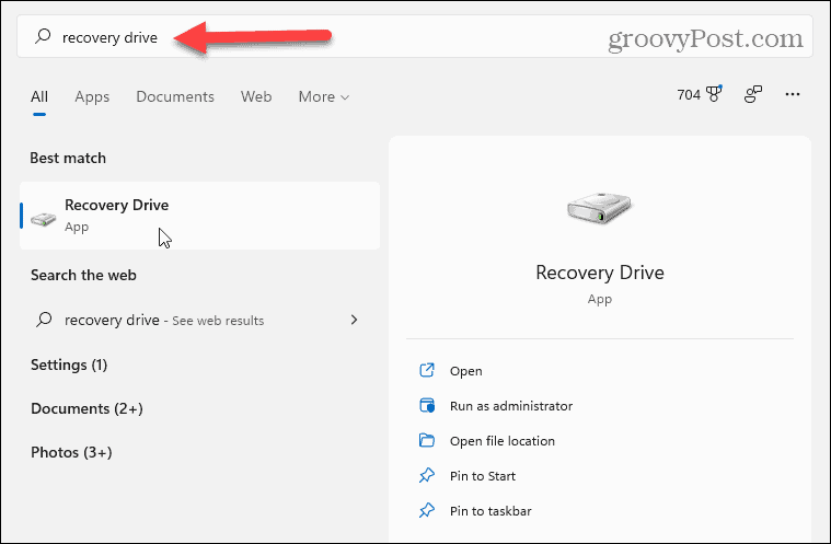 Căutați unitatea de recuperare Windows 11
