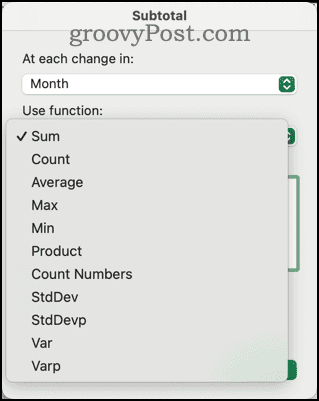 Funcții diferite disponibile în dialogul Subtotal din Excel