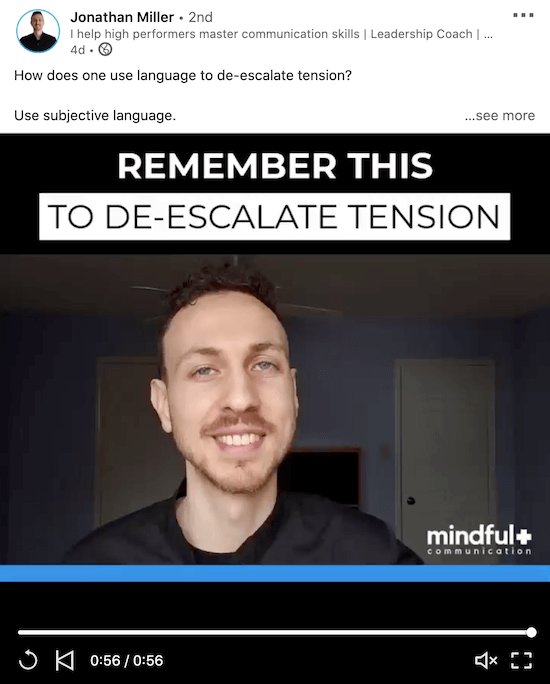 exemplu al unui videoclip linkedin de la Jonathan Miller care demonstrează cum ar putea arăta un videoclip scurt și util