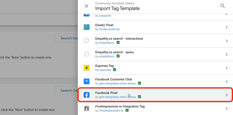 google tag manager comunitate șablon galerie import șablon meniu șablon cu exemple de șabloane de pixel ematic, etichetă exponea, chat pentru clienți Facebook, printre altele cu facebook pixel