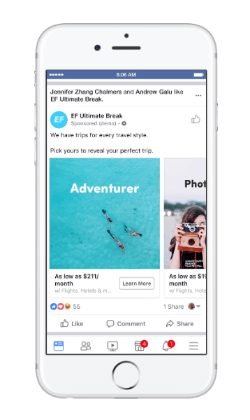 Facebook a lansat un nou tip de anunț dymanic pentru călătorii, numit considerare excursie.