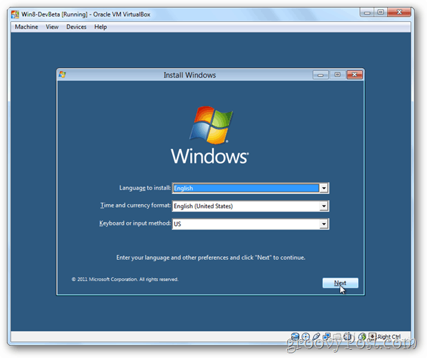 Meniul de instalare VirtualBox Windows 8