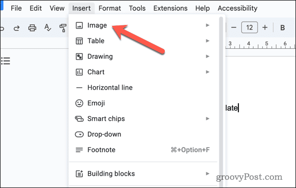 Meniul Inserare din Google Docs