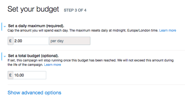Configurați bugetul anunțului dvs. Twitter.