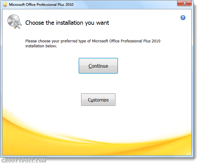 alegeți tipul de instalare Office 2010