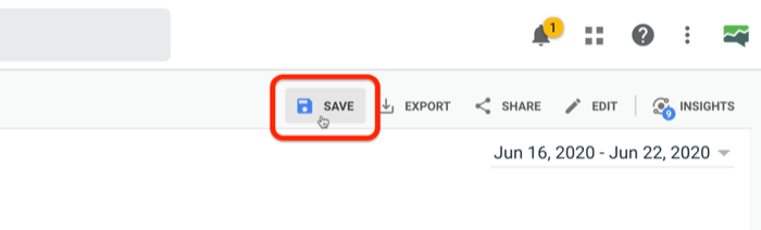 opțiune evidențiată pentru a salva un raport personalizat Google Analytics 