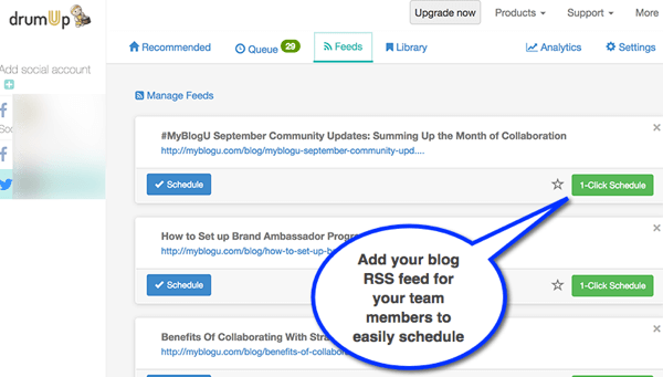 DrumUp vă permite să importați fluxul RSS al blogului companiei dvs. și facilitează accesul angajaților la conținut.