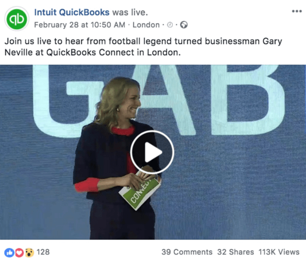 Exemplu de postare pe Facebook care anunță un videoclip live viitoare de la Intuit Quickooks.