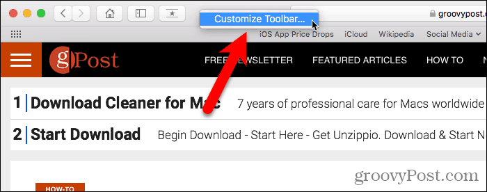 Selectați Bara de instrumente personalizate în Safari pentru Mac