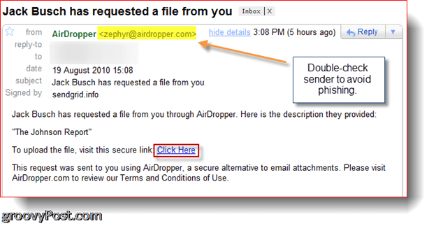 AirDropper Dropbox - fișier care solicită e-mail