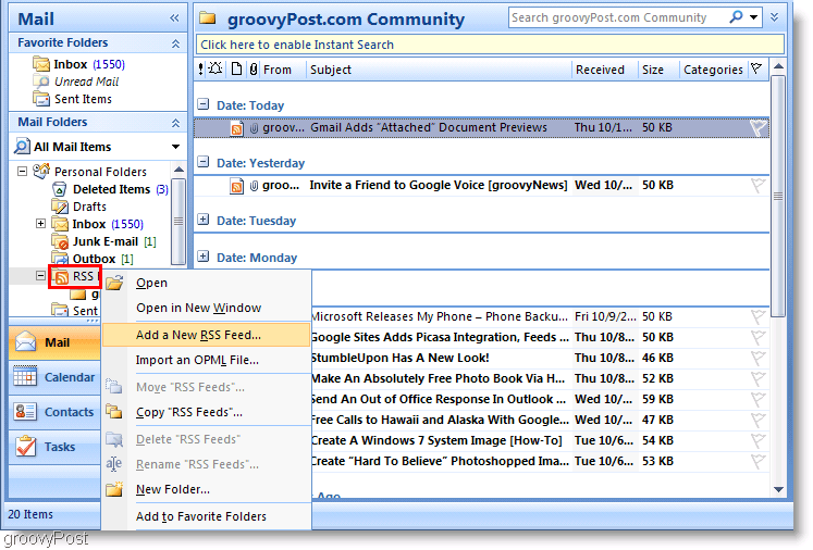 Screenshot Microsoft Outlook 2007 Adaugă un nou flux RSS