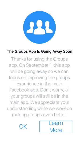 Facebook va întrerupe aplicația Grupuri pentru iOS și Android după 1 septembrie 2017.