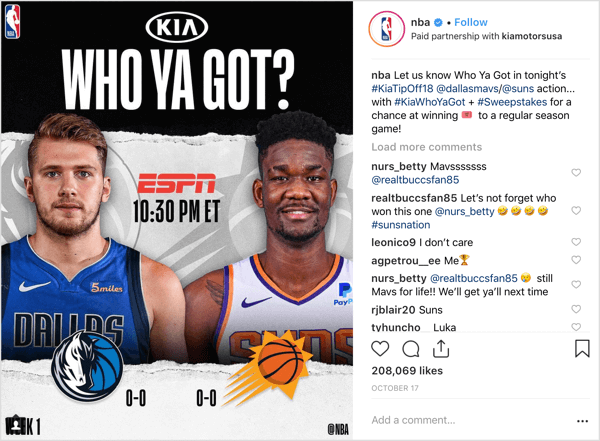 NBA s-a unit cu sponsorul Kia Motors pentru a oferi bilete la joc la începutul sezonului pe Instagram.