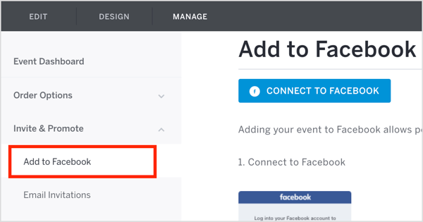În fila Eventbrite Manage, faceți clic pe Invitați și promovați și selectați Adăugați la Facebook din meniul derulant.