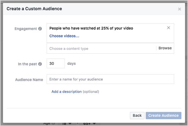 Audiență personalizată Facebook bazată pe vizionări video în 30 de zile.