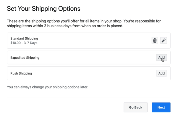 exemplu de captură de ecran cu opțiunile de livrare a magazinului facebook care ar putea fi disponibile