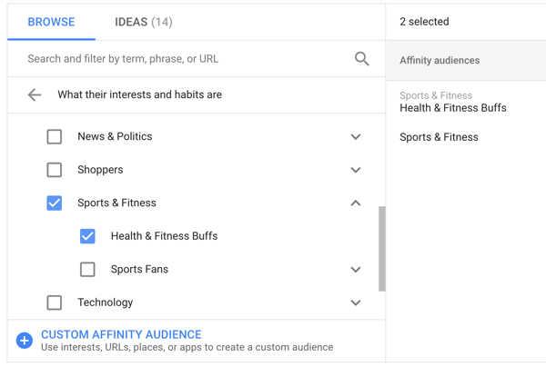 Cum să configurați o campanie publicitară YouTube, pasul 20, să setați opțiuni de direcționare prin afinitate