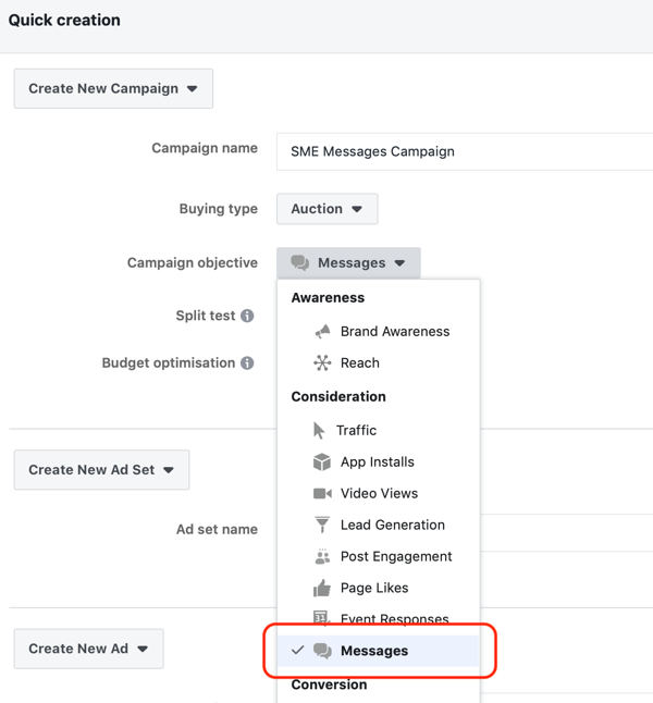 Cum să vizați clienții potențiali calzi cu anunțurile Facebook Messenger, pasul 2, mesajele ca obiectiv al campaniei