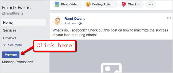 Accesați pagina dvs. de Facebook și faceți clic pe butonul Promovare de sub filele de navigare.