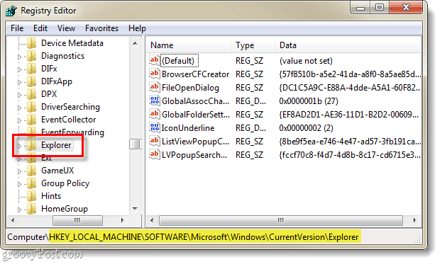 găsiți cheia de înregistrare referitoare la versiunea curentă a exploratorului în registrul Windows 7