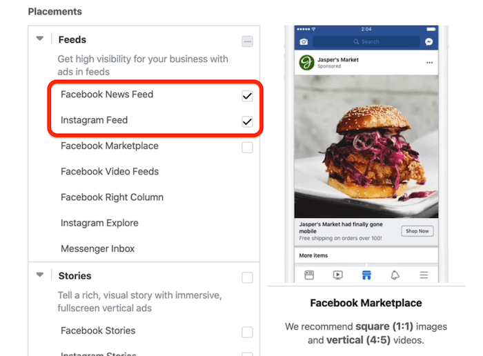 Destinații de plasare Facebook Feed și Instagram Feed selectate la nivel de set de anunțuri în Facebook Ads Manager