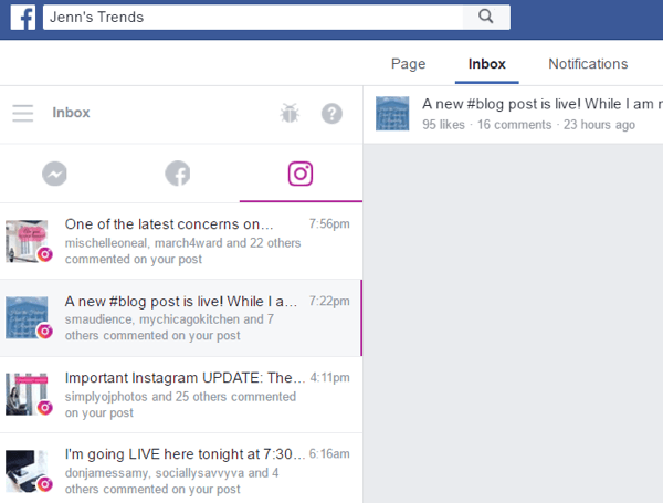Pe desktop, deschideți căsuța de e-mail pe pagina dvs. de Facebook și faceți clic pe fila Instagram pentru a vedea comentariile la postările dvs.