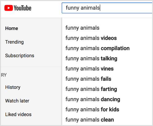 Uită-te la sugestiile automate de căutare YouTube pentru cuvântul cheie.